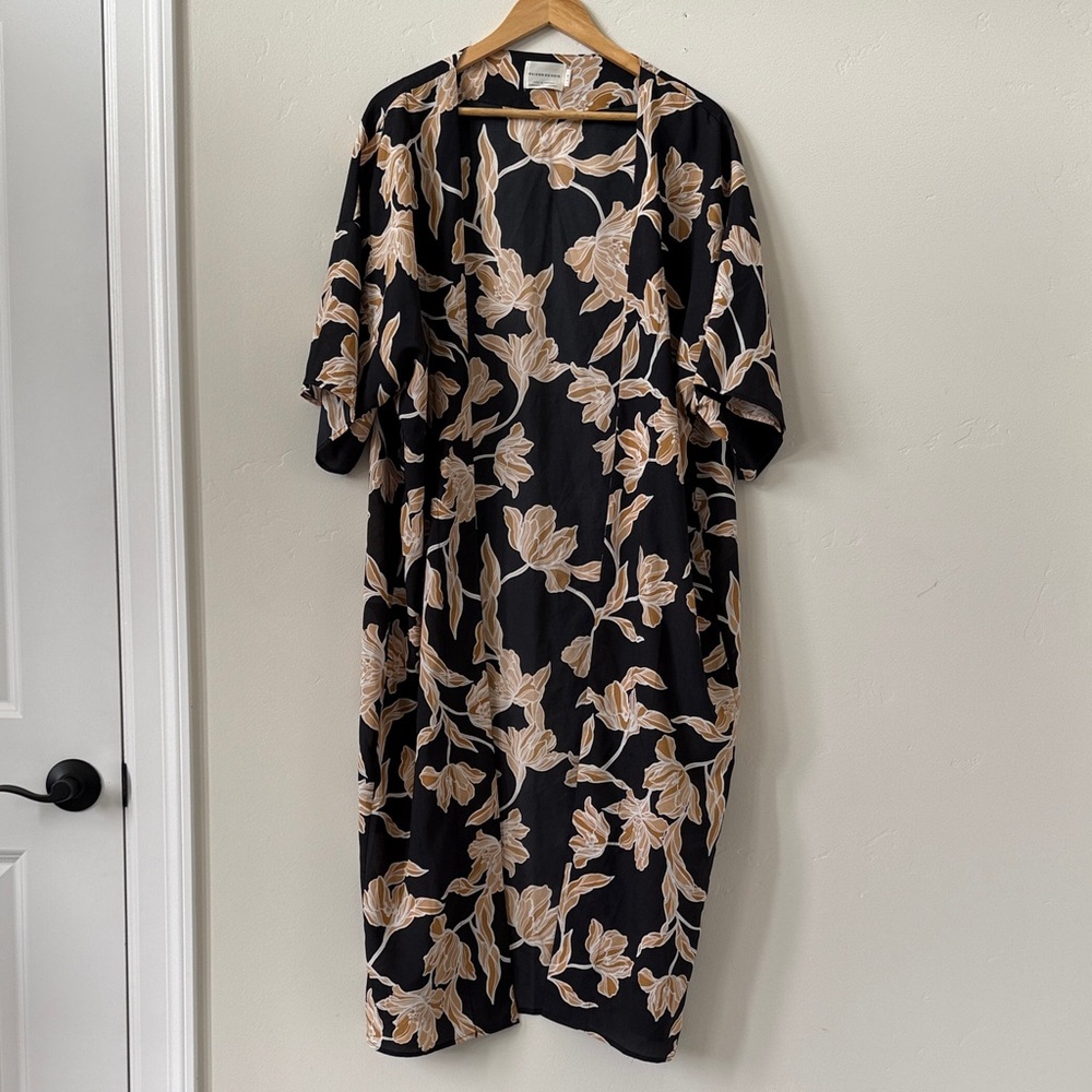 Maison Du Soir Selene Floral Robe, Black + Gold Kimono Duster, Relaxed Oversized